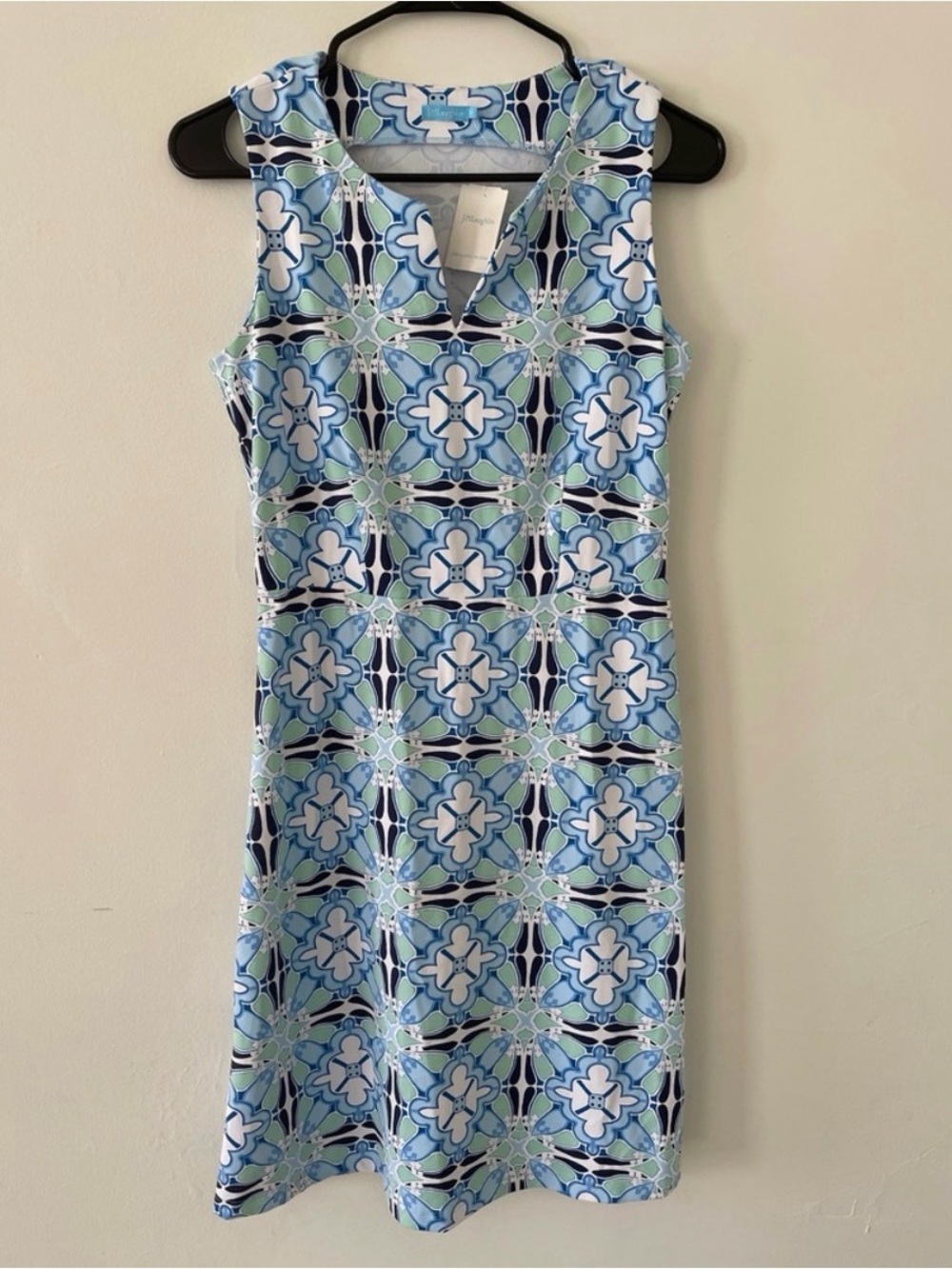 J. McLaughlin Catalina Cloth, Light Blue & Green Geometric Sleeveless Dress